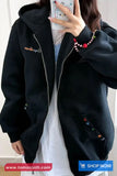 Cute Retro Pattern Embroidered Zipper Hooded Sweater