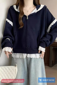 Vintage Loose Lace Patchwork Hooded Sweatshirt