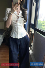 Half Sleeve Back Bandage Tie Striped Blouse Shirt