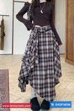 Vintage Woolen Plaid Asymmetrical Midi Skirts