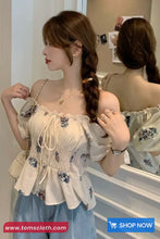 Puff Sleeve Square Collar Drawstring Floral Pattern Shirt