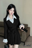 Long Sleeve V-Neck Belted Knitted Mini Dress