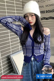 Long Sleeve Sexy Off Shoulder Blue Plaid Knitted Shirt