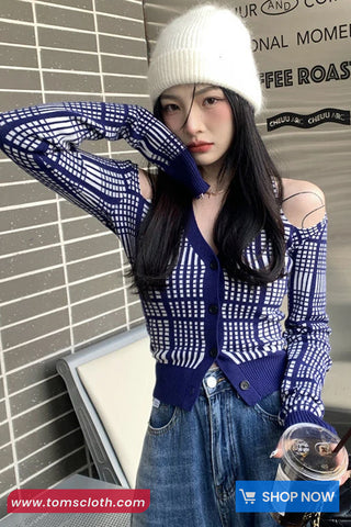 Long Sleeve Sexy Off Shoulder Blue Plaid Knitted Shirt