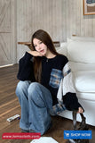 Long Sleeve Plaid Patchwork Knitted Black Sweater