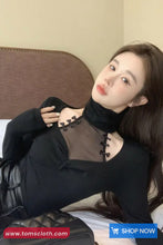 Long Sleeve High Neck Hollow Out Cropped Shirt
