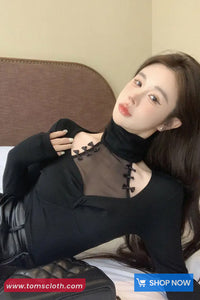 Long Sleeve High Neck Hollow Out Cropped Shirt