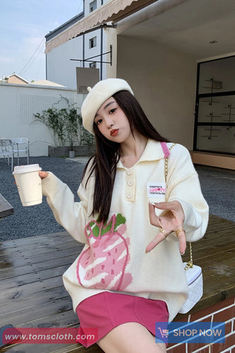 Long Sleeve Turn Down Collar Strawberry Pattern Sweater