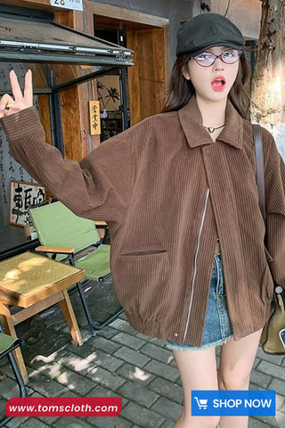 Long Sleeve Corduroy Turn Down Collar Zipper Jacket