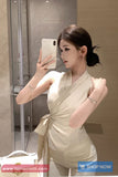 Sleeveless Side Folded V-Neck Satin Blouse Shirt