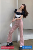 Casual Pink Checkered Slim Flare Long Pants