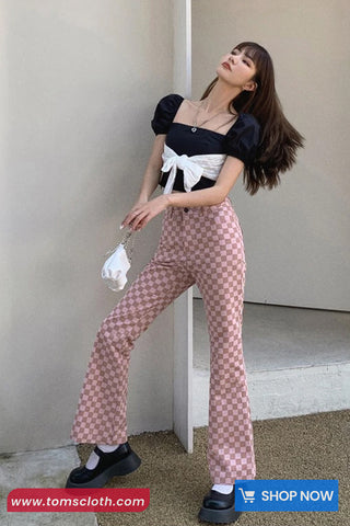 Casual Pink Checkered Slim Flare Long Pants