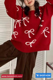 Long Sleeve Cute Bow Pattern O-Neck Sweater