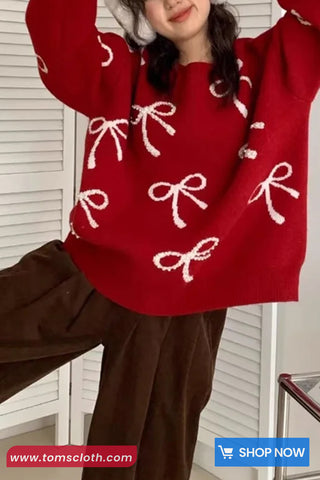 Long Sleeve Cute Bow Pattern O-Neck Sweater