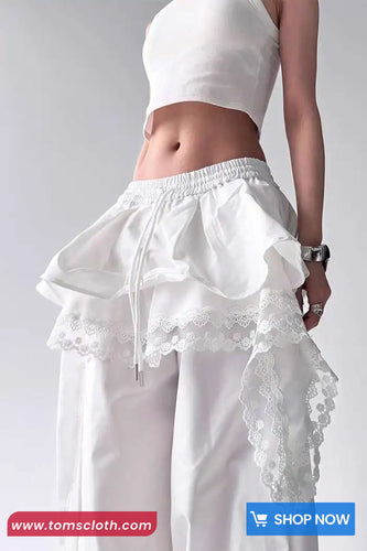 Extended Elastic Waist Lace Patchwork Pants