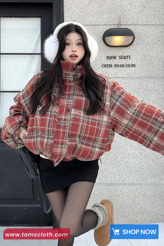 Loose Stand Collar Retro Plaid Pattern Parkas Coat Jacket
