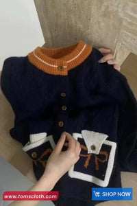 Long Sleeve Bow Pattern Knitted Cropped Cardigan Sweater