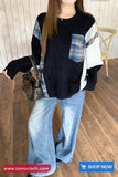 Long Sleeve Plaid Patchwork Knitted Black Sweater