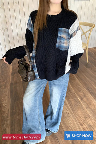 Long Sleeve Plaid Patchwork Knitted Black Sweater