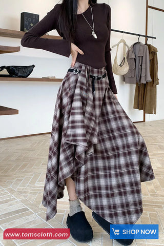 Vintage Woolen Plaid Asymmetrical Midi Skirts