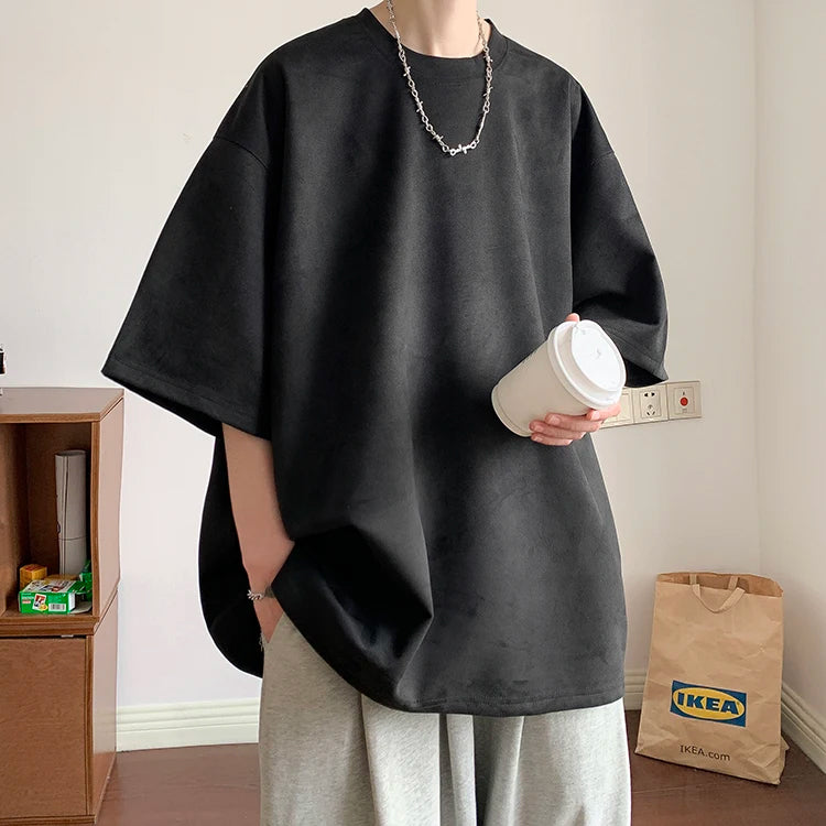 Loose Short Sleeve O-Neck Suede Men Shirt