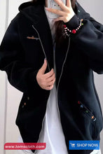 Cute Retro Pattern Embroidered Zipper Hooded Sweater