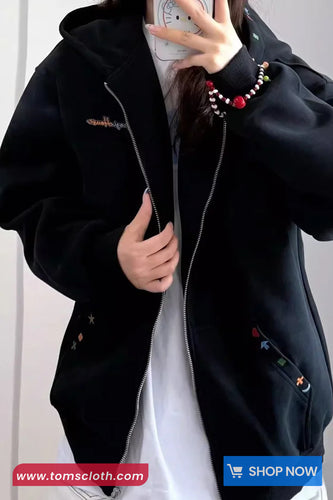 Cute Retro Pattern Embroidered Zipper Hooded Sweater