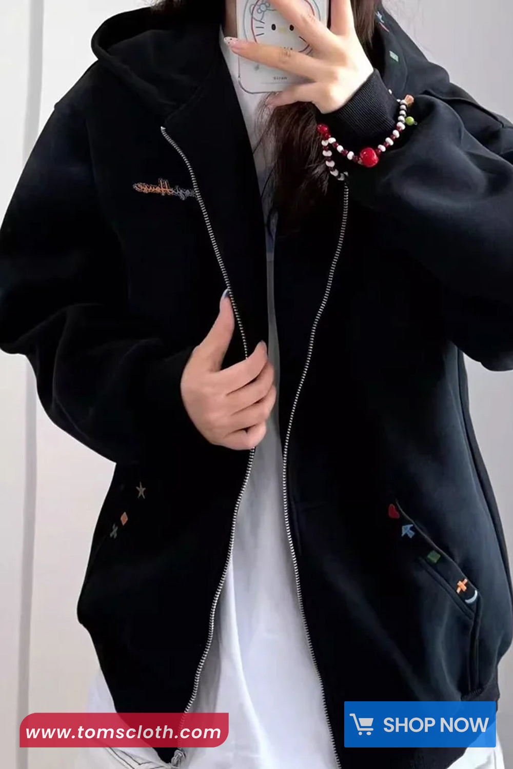 Cute Retro Pattern Embroidered Zipper Hooded Sweater