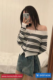 Long Sleeve Sexy Cropped Slash Neck Striped Sweater