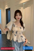 Puff Sleeve Square Collar Drawstring Floral Pattern Shirt