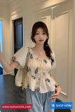 Puff Sleeve Square Collar Drawstring Floral Pattern Shirt