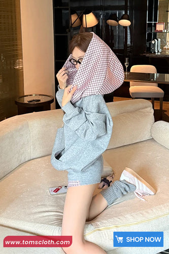 Long Sleeve Plaid Patchwork Hooded Off Shoulder Sweatshirt