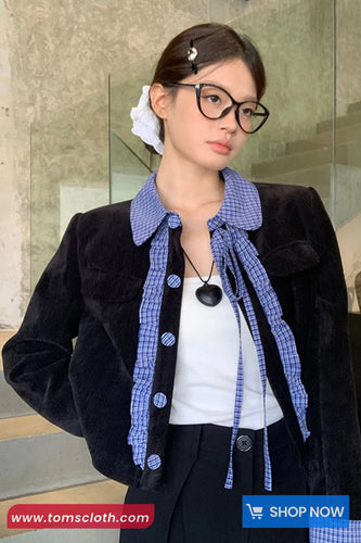 Long Sleeve Ruffle Lace Plaid Cropped Office Coat Jacket