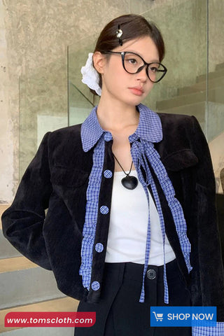 Long Sleeve Ruffle Lace Plaid Cropped Office Coat Jacket