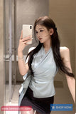 Sleeveless Side Folded V-Neck Satin Blouse Shirt