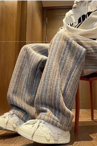 High Waist Retro Striped Woolen Men Pants