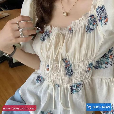 Puff Sleeve Square Collar Drawstring Floral Pattern Shirt