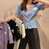 Short Sleeve V-Neck Cute Pattern Knitted Shirt