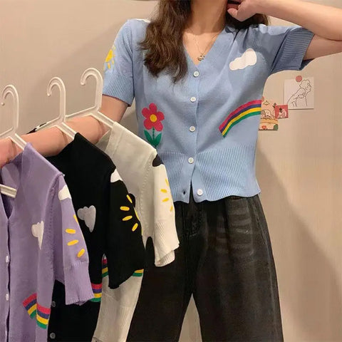 Short Sleeve V-Neck Cute Pattern Knitted Shirt