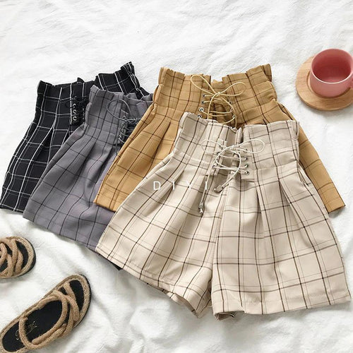 Solid Retro Plaid Lace Up Wide Leg Shorts