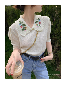 Flower Collar Embroidered Short Sleeve Blouse Sweater