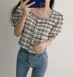 Vintage Pearls Button Square Collar Plaid Shirt
