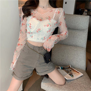 Long Sleeve Florals Printed Transparent Cropped Blouse