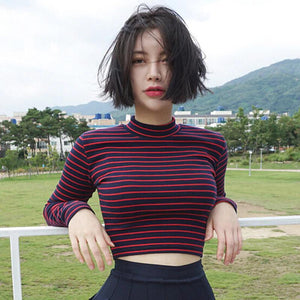 Striped Sexy Turtleneck Long Sleeve Crop Top
