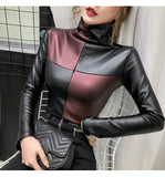 Color Block Long Sleeve Turtleneck Leather Tops