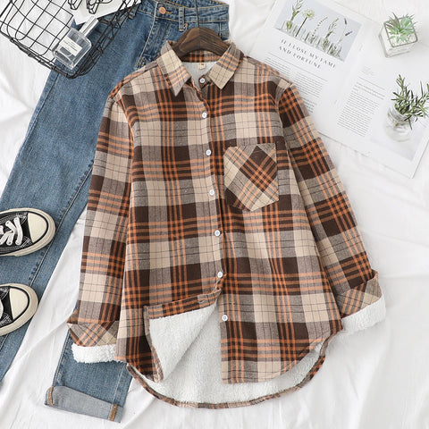 Vintage Plaid Velvet Fleece Loose Shirt