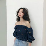 Vintage Flower Embroidery Off Shoulder Cropped Blouse