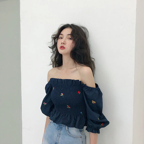 Vintage Flower Embroidery Off Shoulder Cropped Blouse