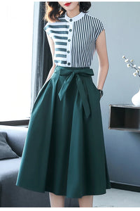 Two Piece Set Casual Striped Shirts Blouses and Bow Midi Skirt