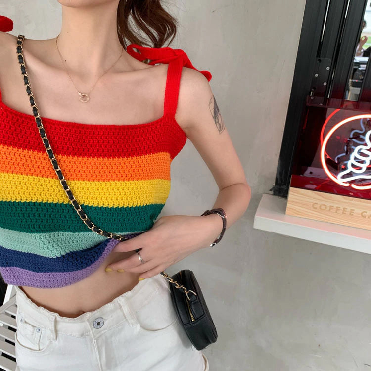 Cute Rainbow Striped Knitted Crop Tops